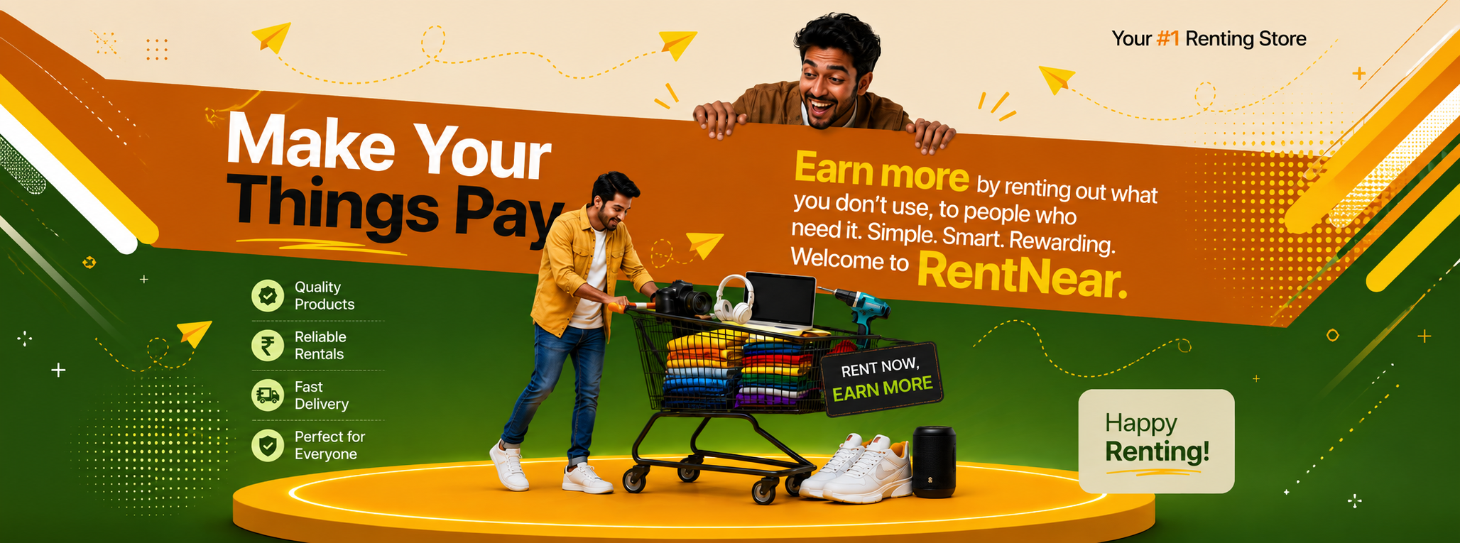 Make Your Things Pay — Your #1 Renting Store. Earn more by renting out what you don't use, to people who need it. Simple. Smart. Rewarding. Welcome to RentNear.